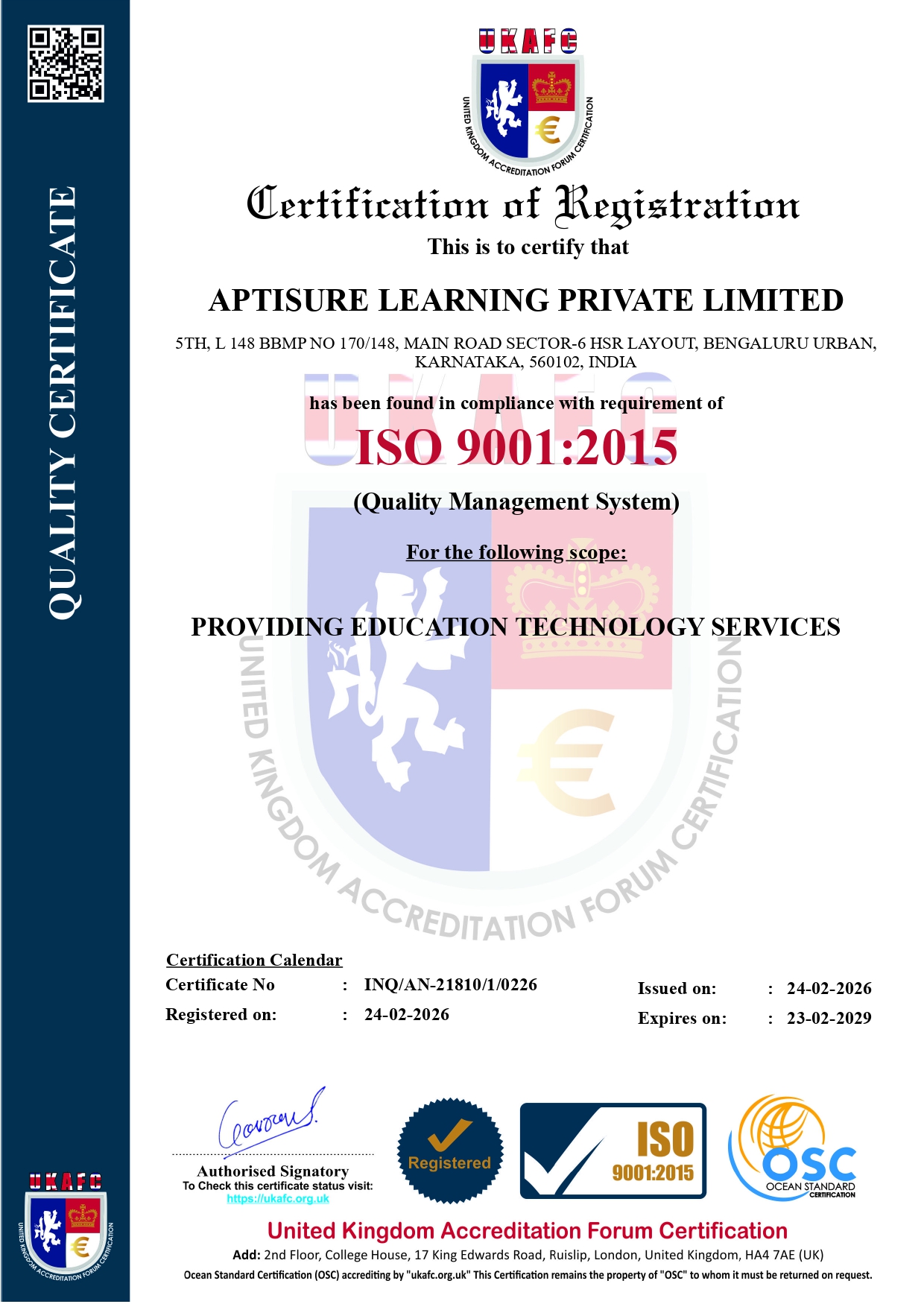 ISO 9001:2015 Quality Management Certification